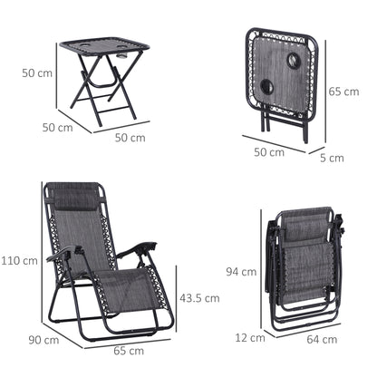 3PC Zero Gravity Chairs Sun Lounger Table Set W/ Cup Holders Light Grey