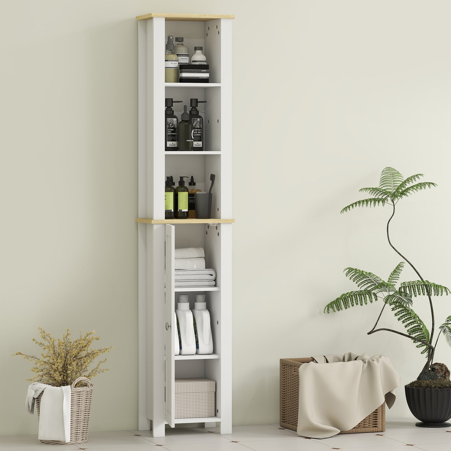 Slim Bathroom Storage Unit with Open Compartment, White