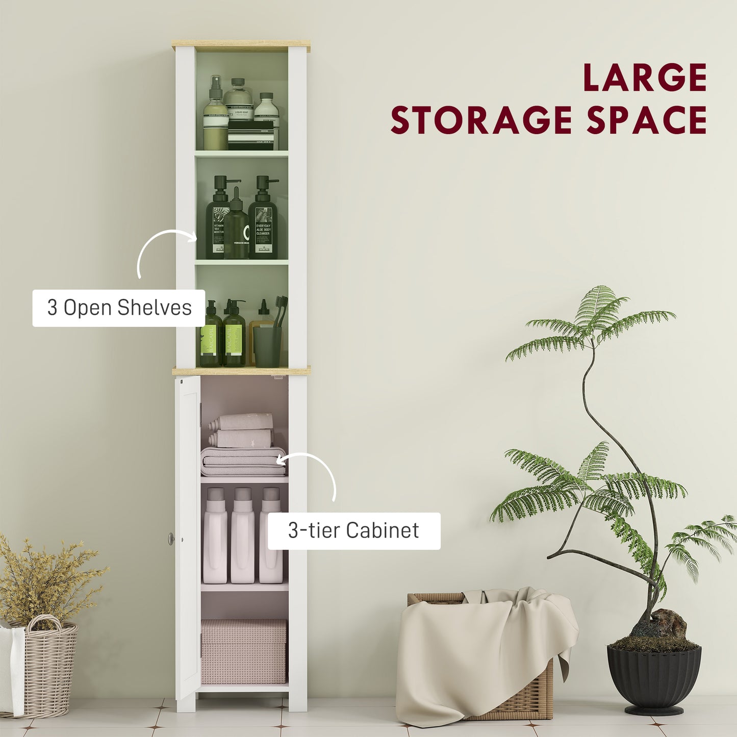 Slim Bathroom Storage Unit with Open Compartment, White