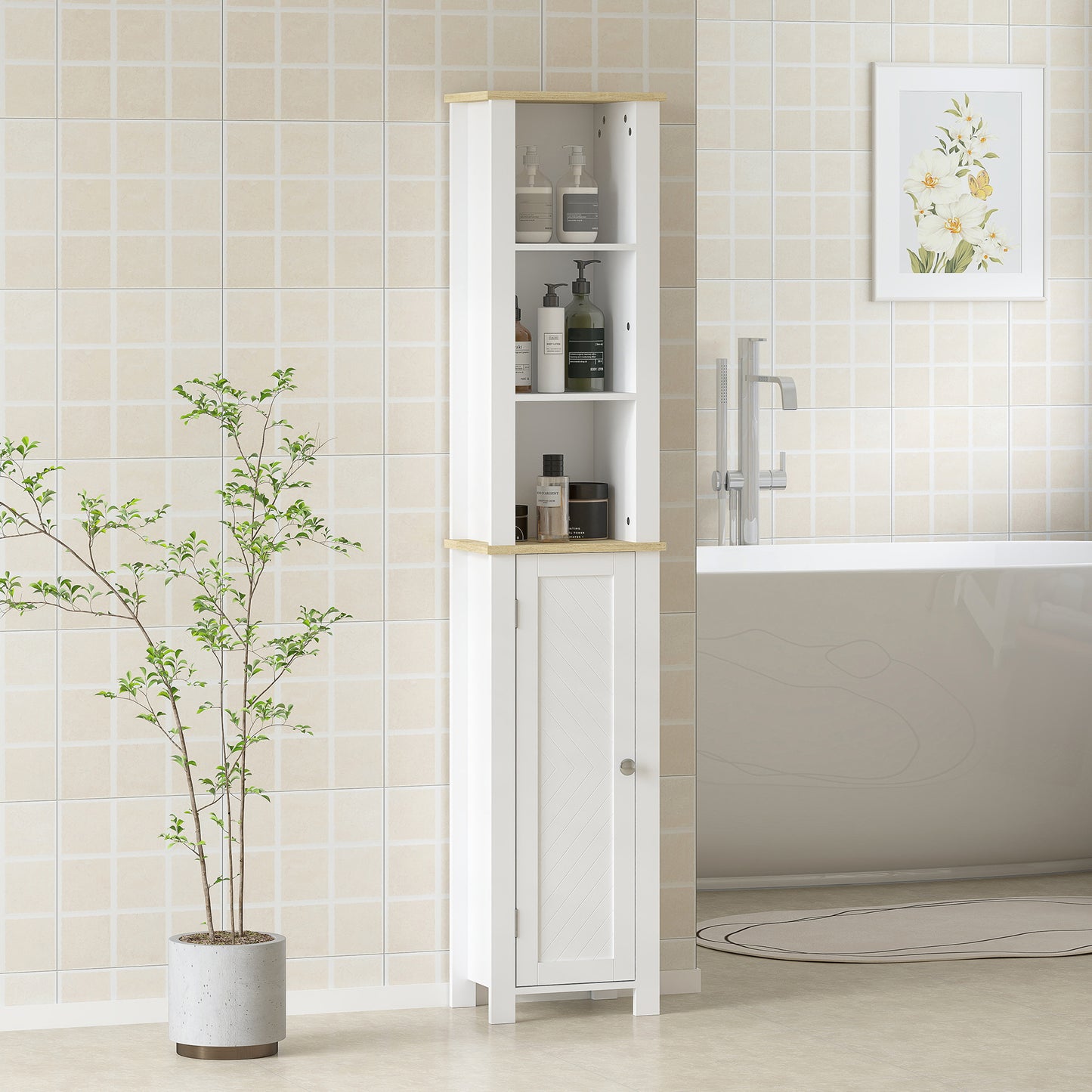 Slim Bathroom Storage Unit with Open Compartment, White