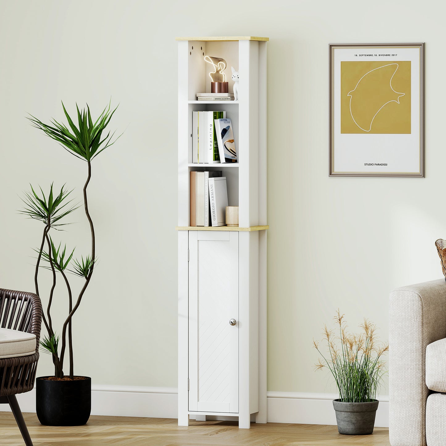 Slim Bathroom Storage Unit with Open Compartment, White