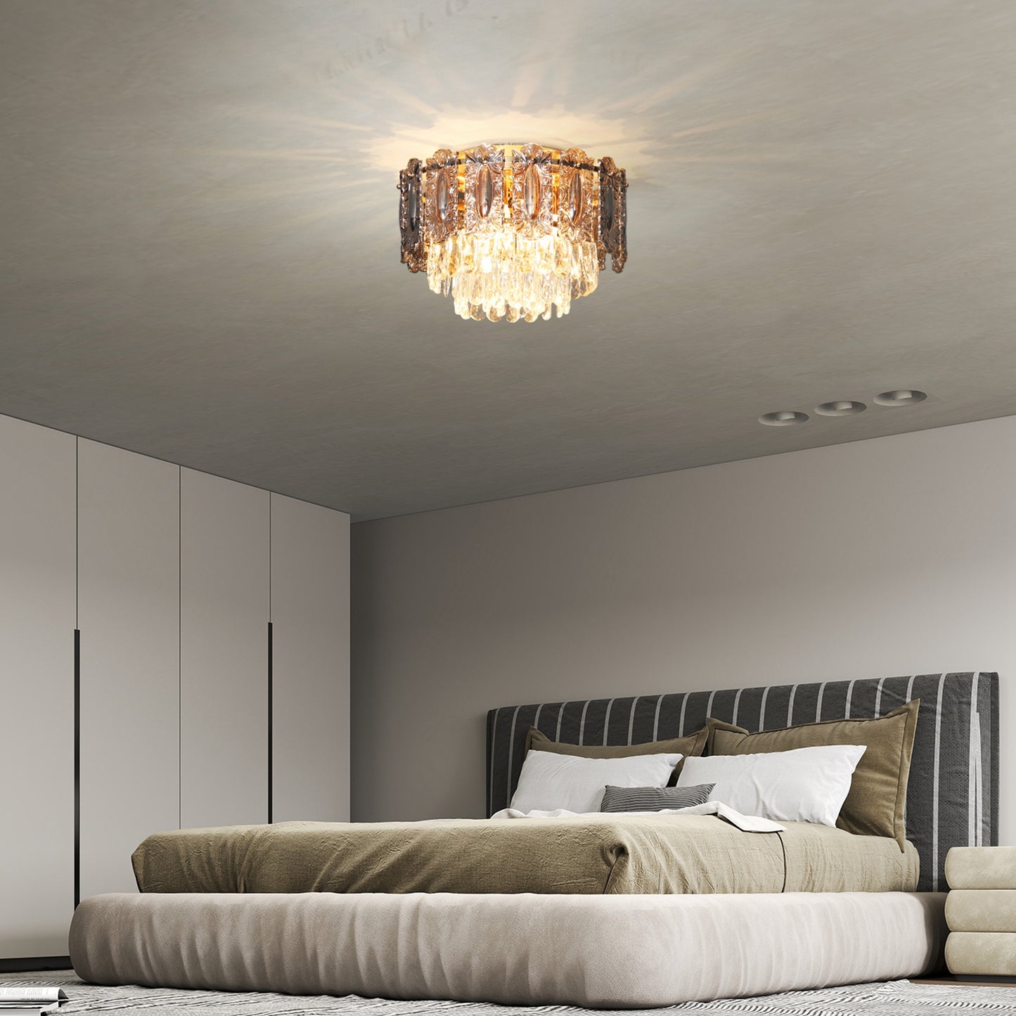 Vintage Ceiling Light with Dual Crystal and Smoke Glass Shade, Gold