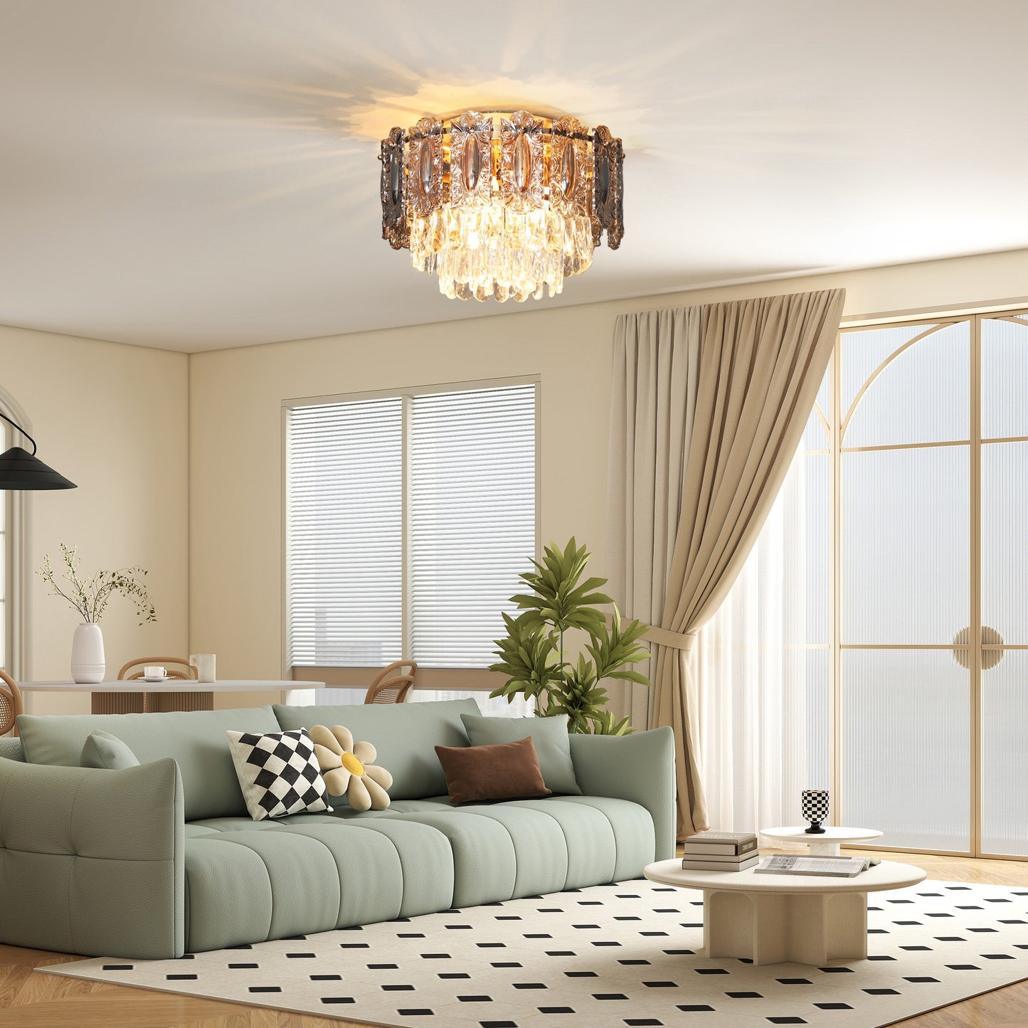 Vintage Ceiling Light with Dual Crystal and Smoke Glass Shade, Gold
