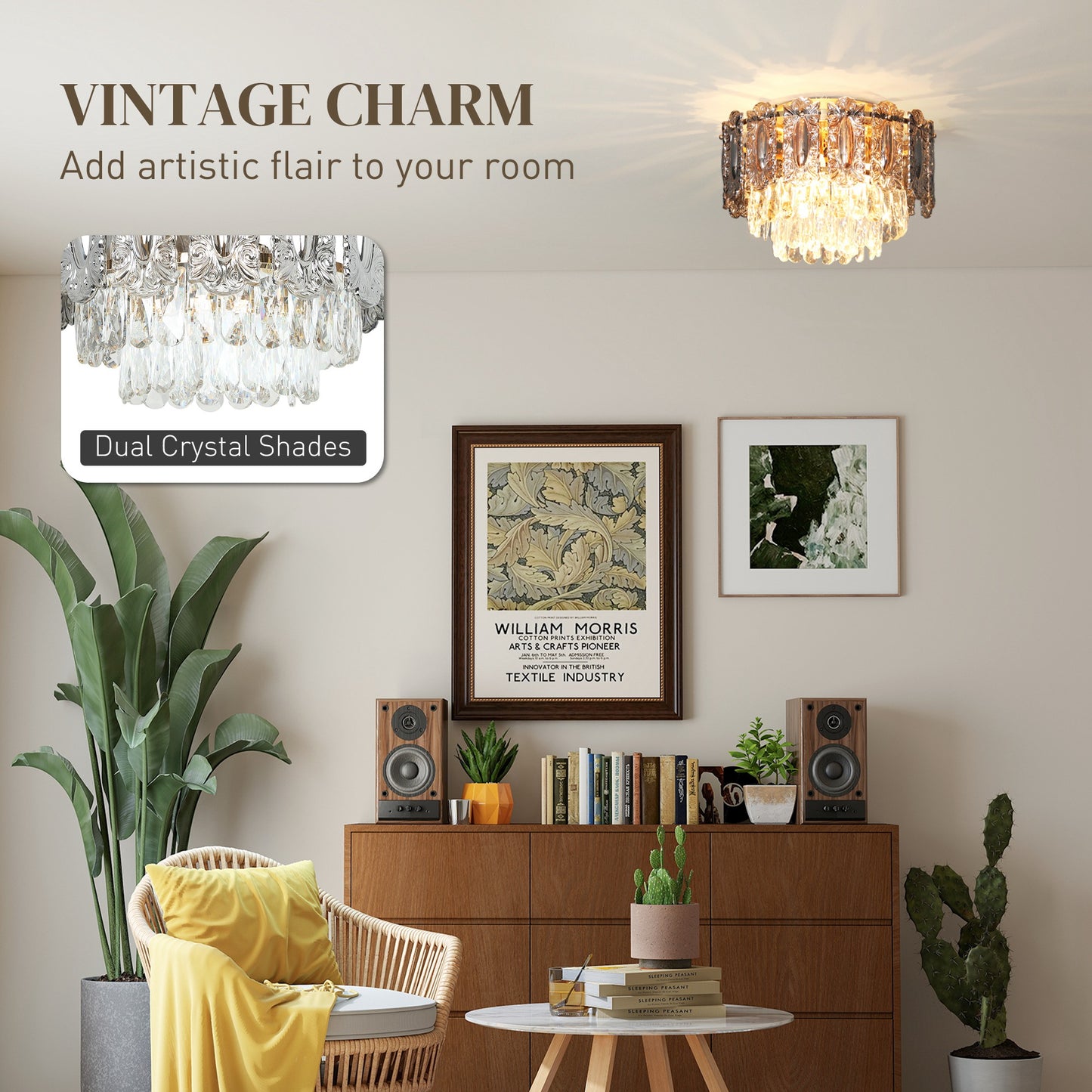 Vintage Ceiling Light with Dual Crystal and Smoke Glass Shade, Gold