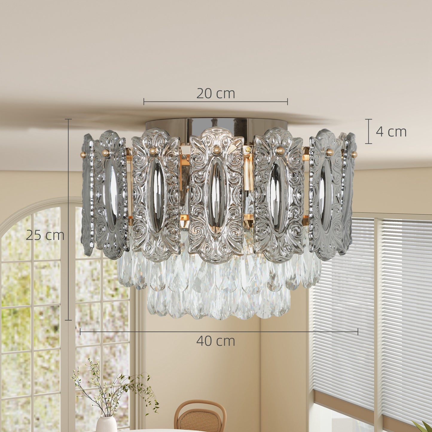 Vintage Ceiling Light with Dual Crystal and Smoke Glass Shade, Gold