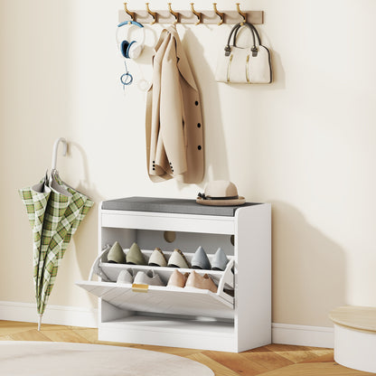 Shoe Bench with 1 Flip Drawer, Cushion, 5 Pairs for Entryway White