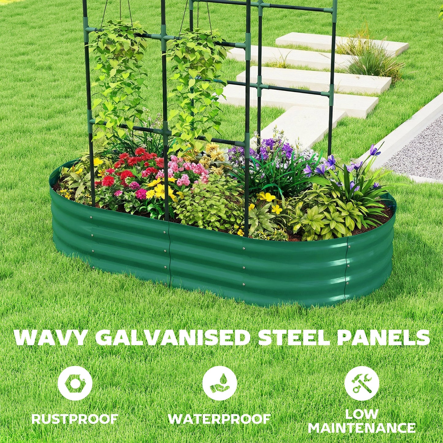 5 x 3 x 6ft Galvanised Raised Garden Bed with Trellis, Green