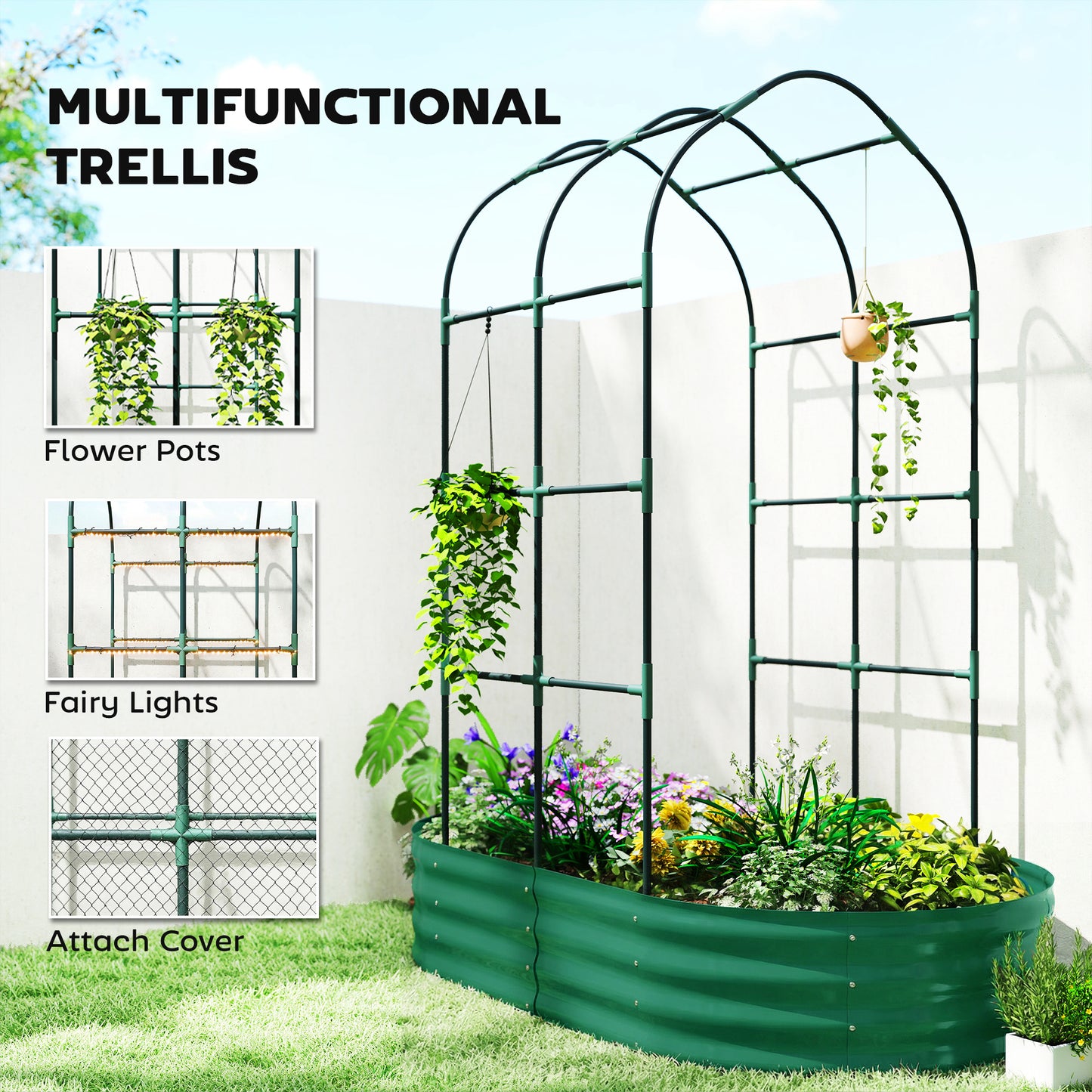 5 x 3 x 6ft Galvanised Raised Garden Bed with Trellis, Green