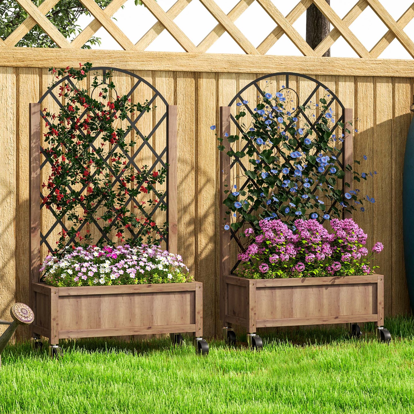 Pack of 2 Wooden Raised Bed, Outdoor Planter Box w/ Metal Trellis