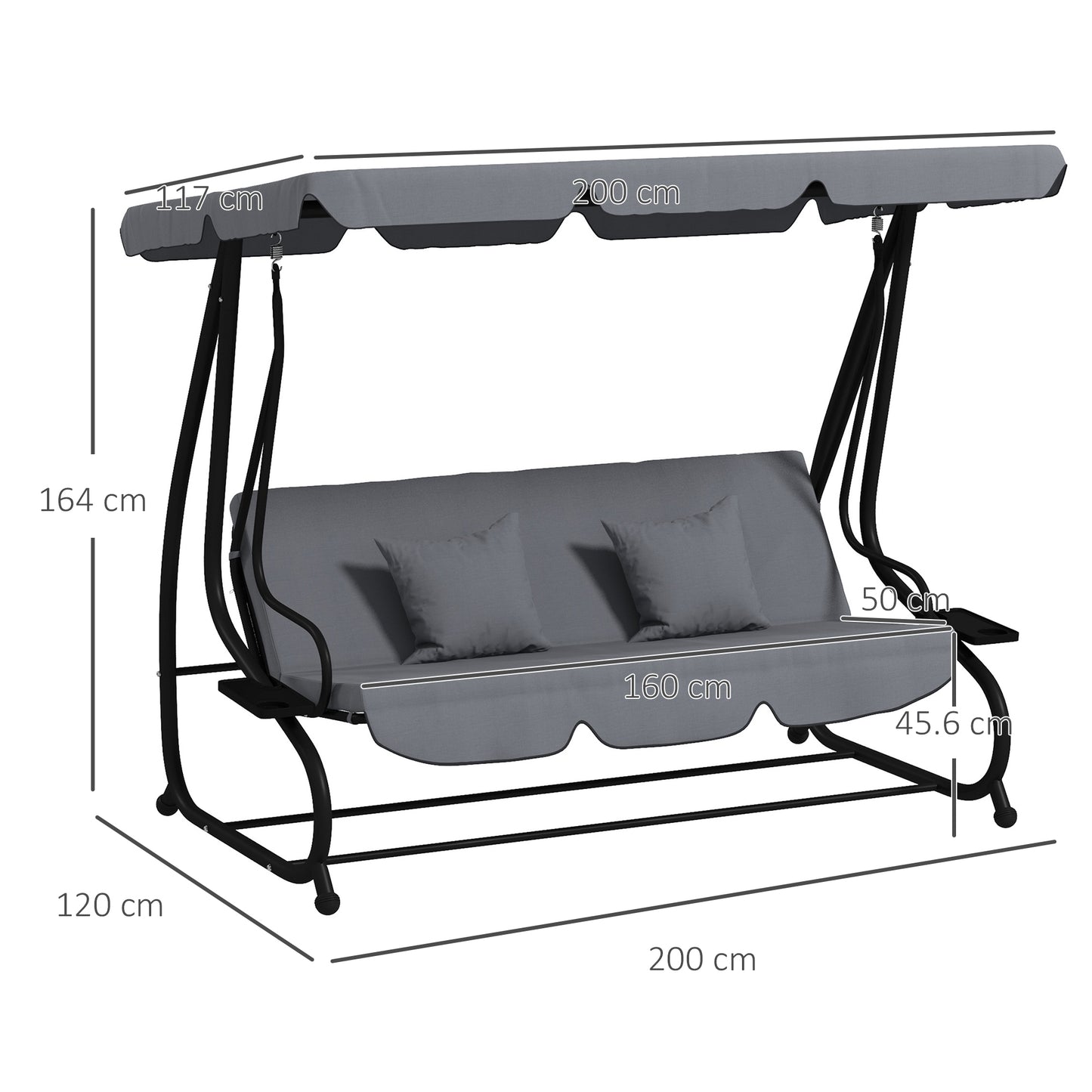 2-in-1 Garden Swing Chair for 3 Person w/ Adjustable Canopy Grey