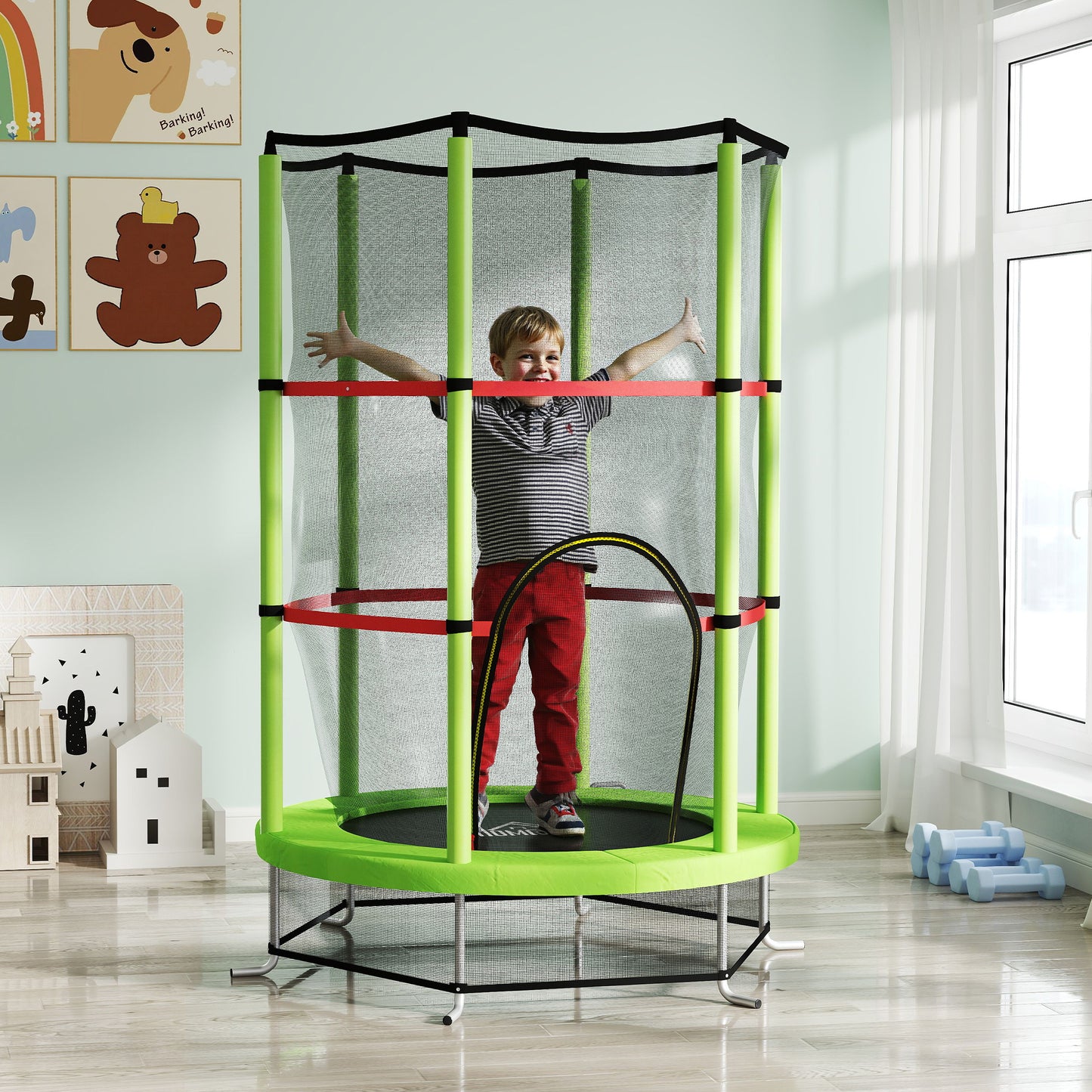 Kids Trampoline, with Enclosure Net, Steel Frame, for Ages 3-6 Years - Green