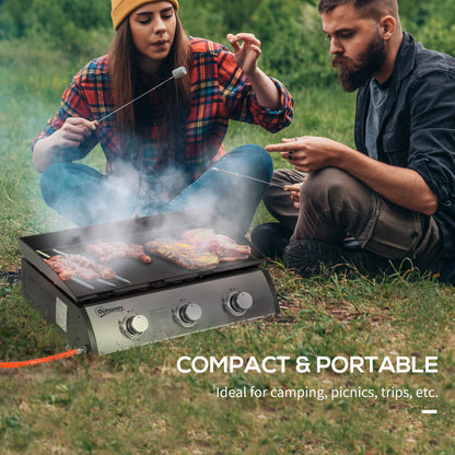 Gas Plancha Grill with 3 Stainless Steel Burner, 9kW, Portable Tabletop Gas BBQ w/Non-Stick Griddle for Camping Picnic Garden Party Festival