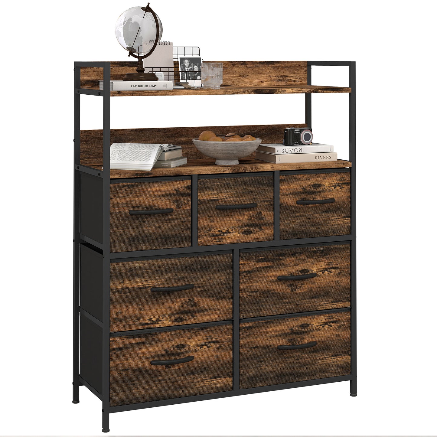 Bedroom Chest of Drawers 7 Drawer Dresser w/ Shelves, Rustic Brown