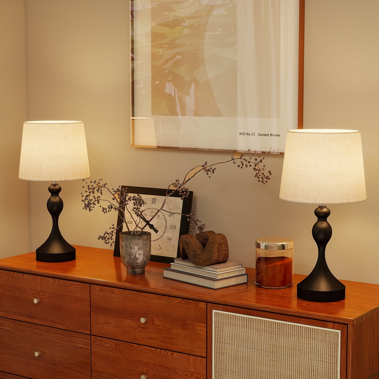 Table Lamps Set of 2, Modern Bedside Lamps with USB Ports, Black