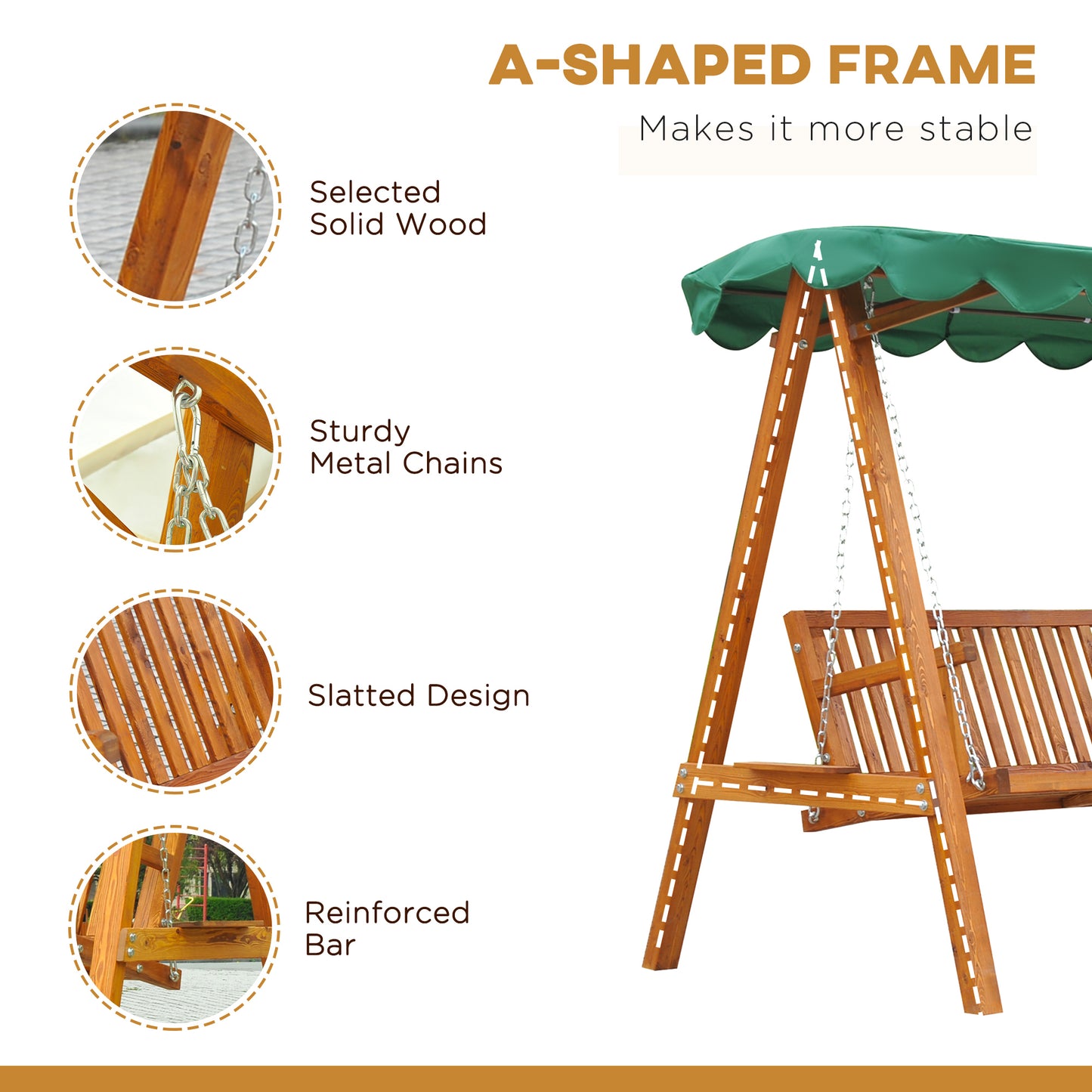3-Seater Wooden Garden Swing Chair Seat Bench, Green
