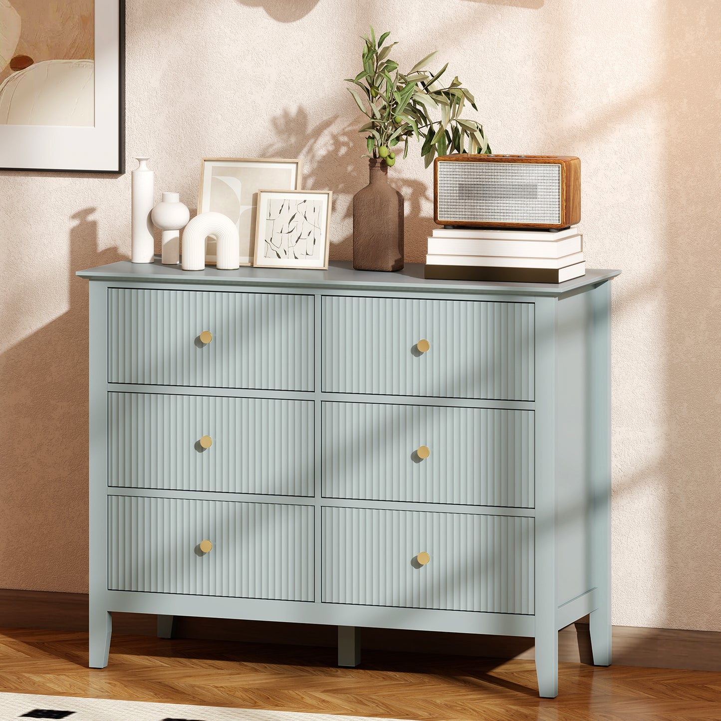 Fluted Chest of Drawers 6 Drawer Dresser for Bedroom Hallway Green