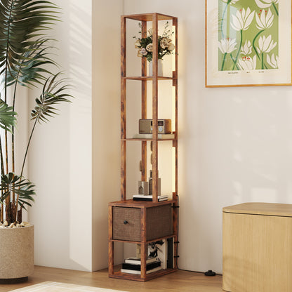 Floor Lamp with Shelves, LED Standing Lamp with Fabric Drawer, Brown