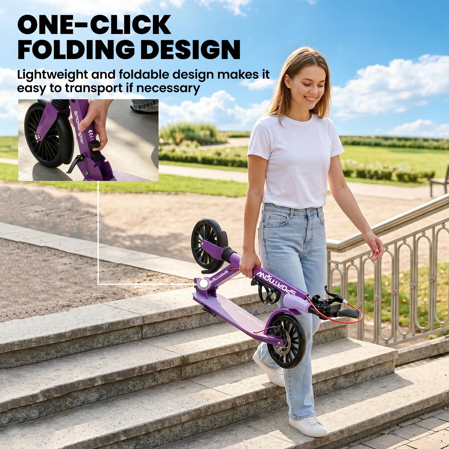 Foldable Kick Scooter with Height Adjustable Handlebar, One-click Folding Adult Scooters with 200 mm Big Wheels, Shock Absorption, ABEC-7 Bearings, Dual Brake System, Aluminium Frame, Purple