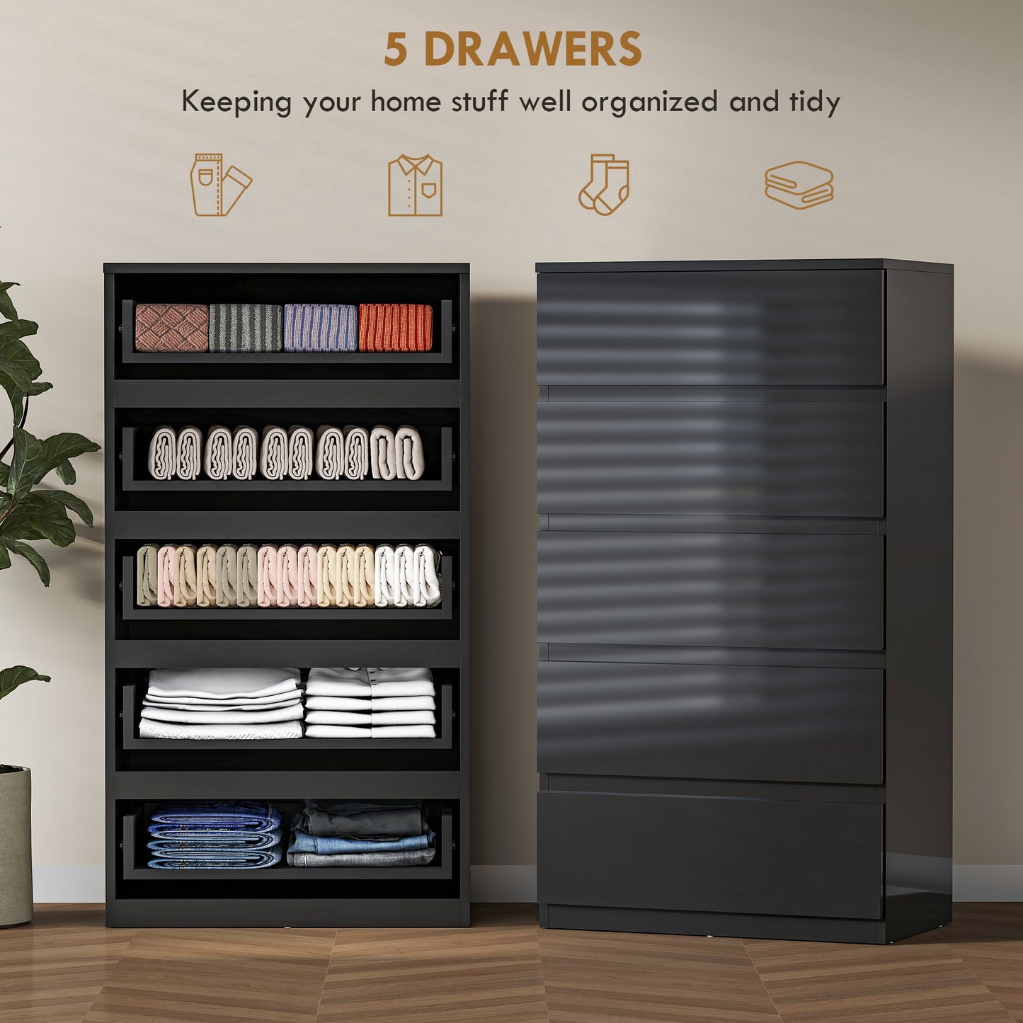 Bedroom Chest of Drawers, 5 Drawers Dresser, Drawer Unit, Black