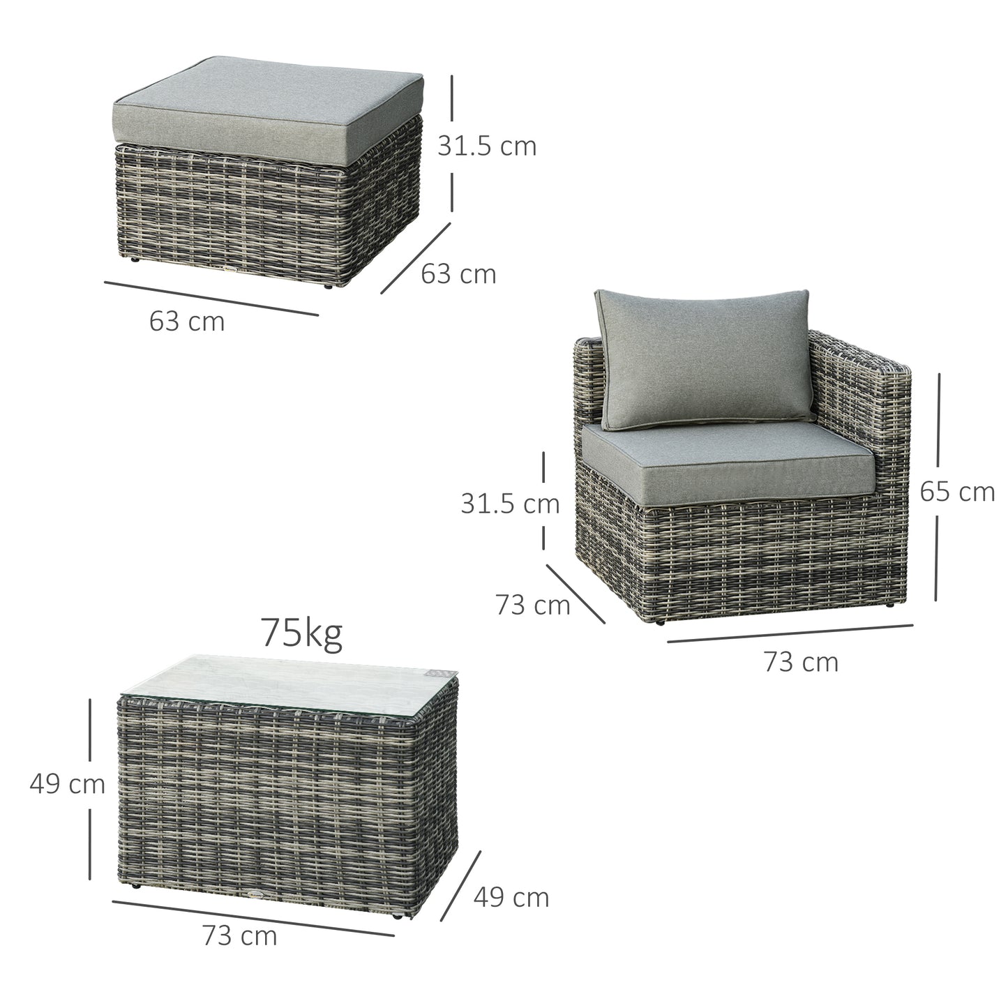 2 Seater Rattan Garden Furniture Set w/ Tall Glass-Top Table Aluminium Frame Balcony Set, Mixed Grey