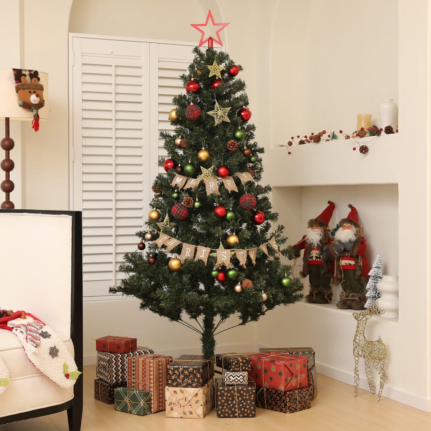 6ft Artificial Christmas Tree with LED Lights and Red Decorations