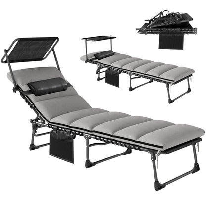 Folding Sun Lounger, Sunbed with Canopy, Light Grey