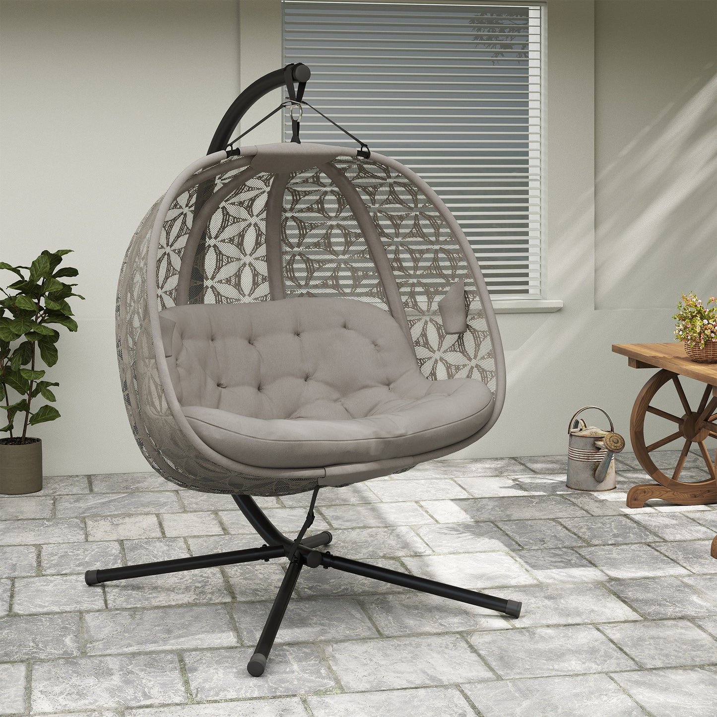 Double Hanging Swing Chair w/ Stand & Cup Holders, Brown