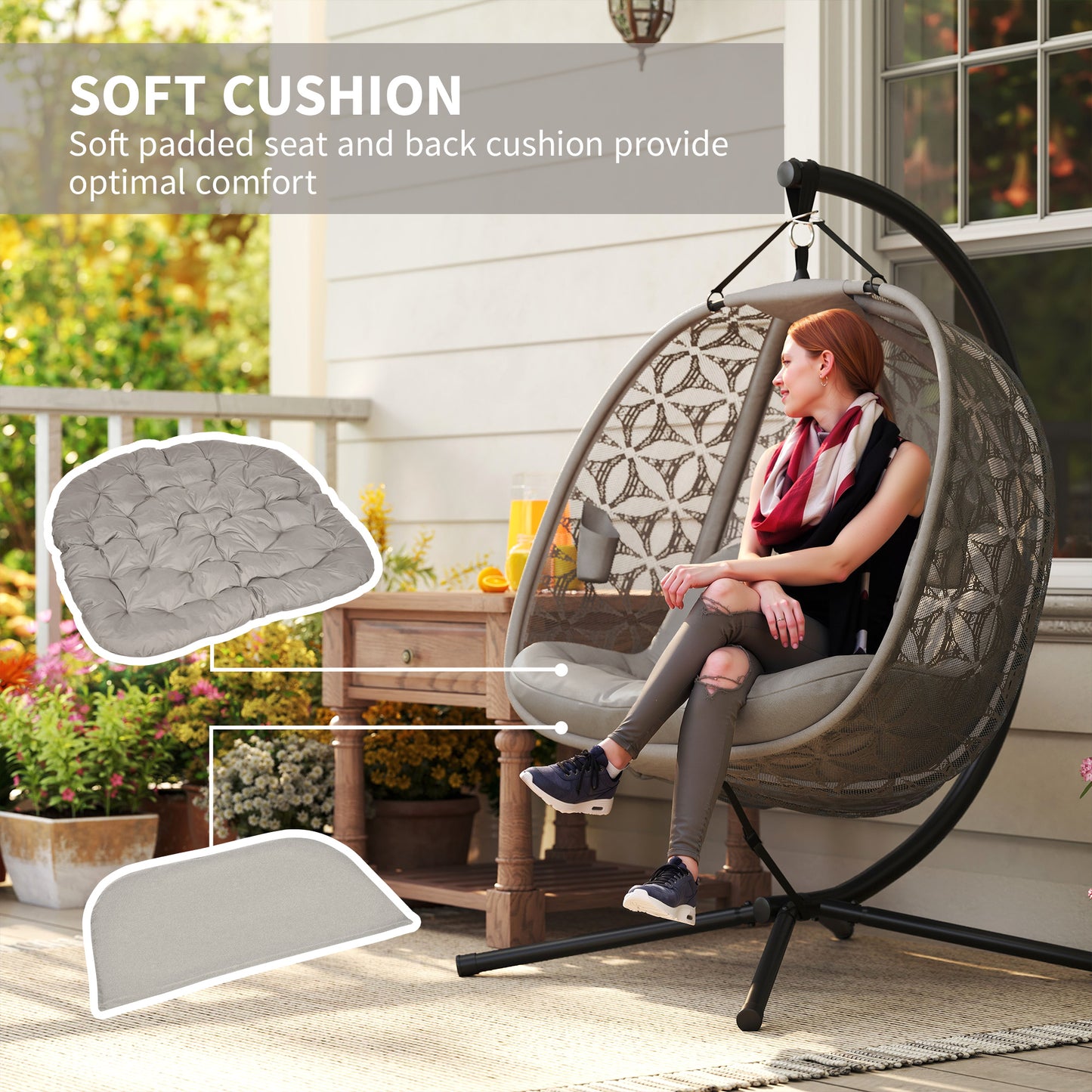 Double Hanging Swing Chair w/ Stand & Cup Holders, Brown