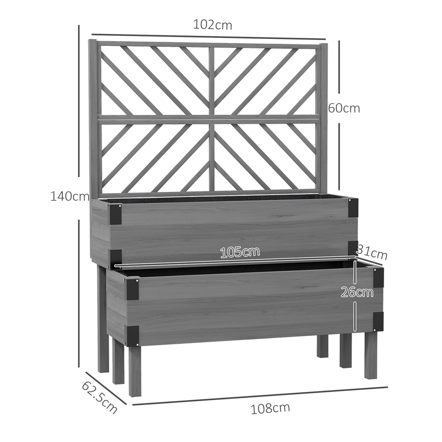 2-Tier Wooden Raised Bed with Trellis, Elevated Garden Planter