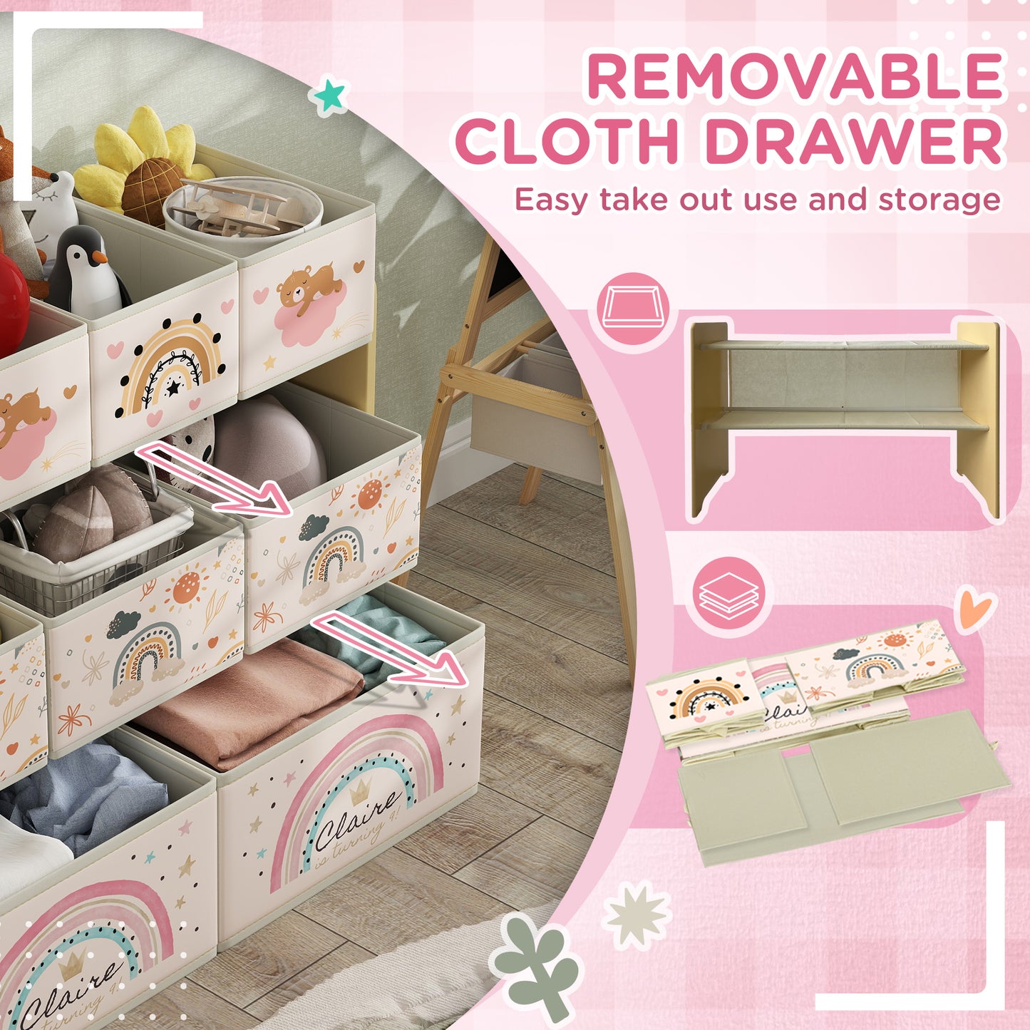 3-Tier Toy Organiser Shelf with 9 Storage Boxes for Bedroom Yellow