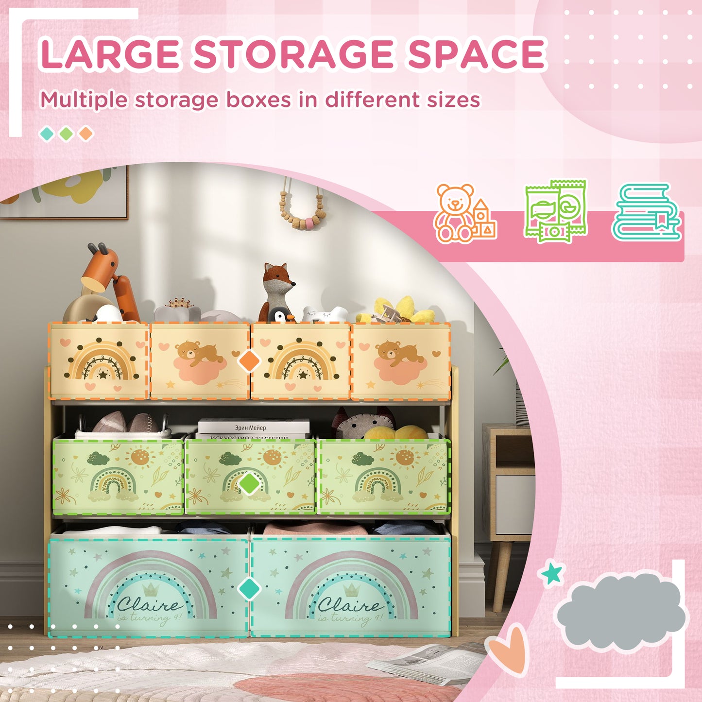 3-Tier Toy Organiser Shelf with 9 Storage Boxes for Bedroom Yellow