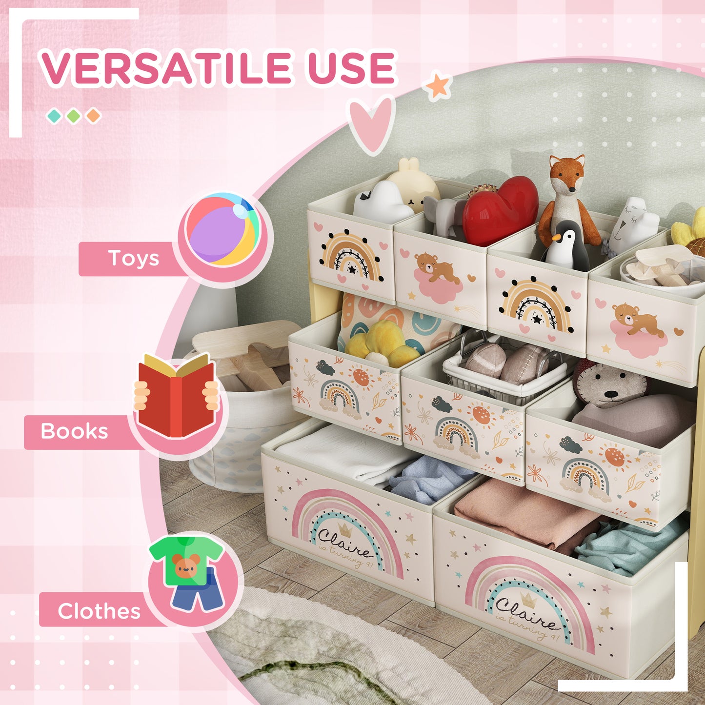 3-Tier Toy Organiser Shelf with 9 Storage Boxes for Bedroom Yellow