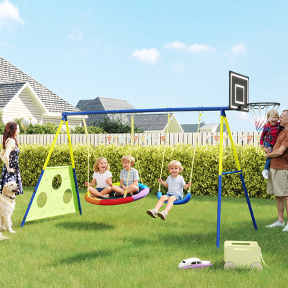 4-in-1 Kids Swing Set with Swing, Basketball Hoop, Football Goal