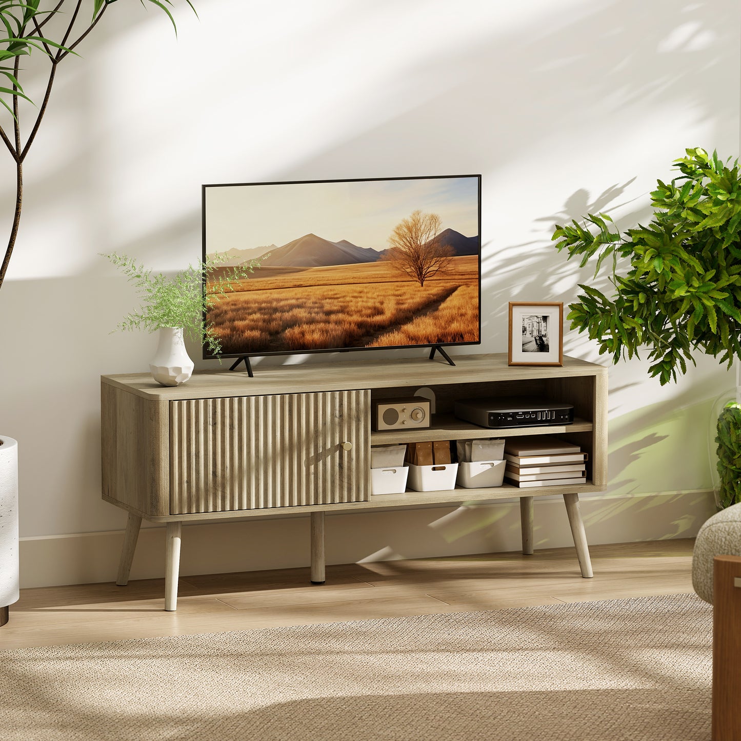 TV Stand Cabinet with Storage for TVs up to 55 Inches, Oak
