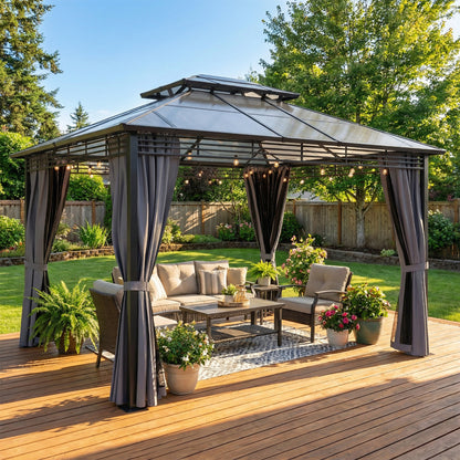 3 x 3.6 m Hardtop Gazebo with Sides, 2-Tier Roof Garden Gazebo
