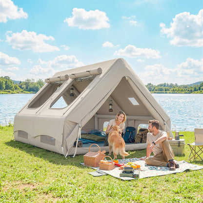 Inflatable Camping Tent, 4 Season Hot Tent 10000mm Waterproof with Chimney Opening, Sky Light and Air PumpKhaki