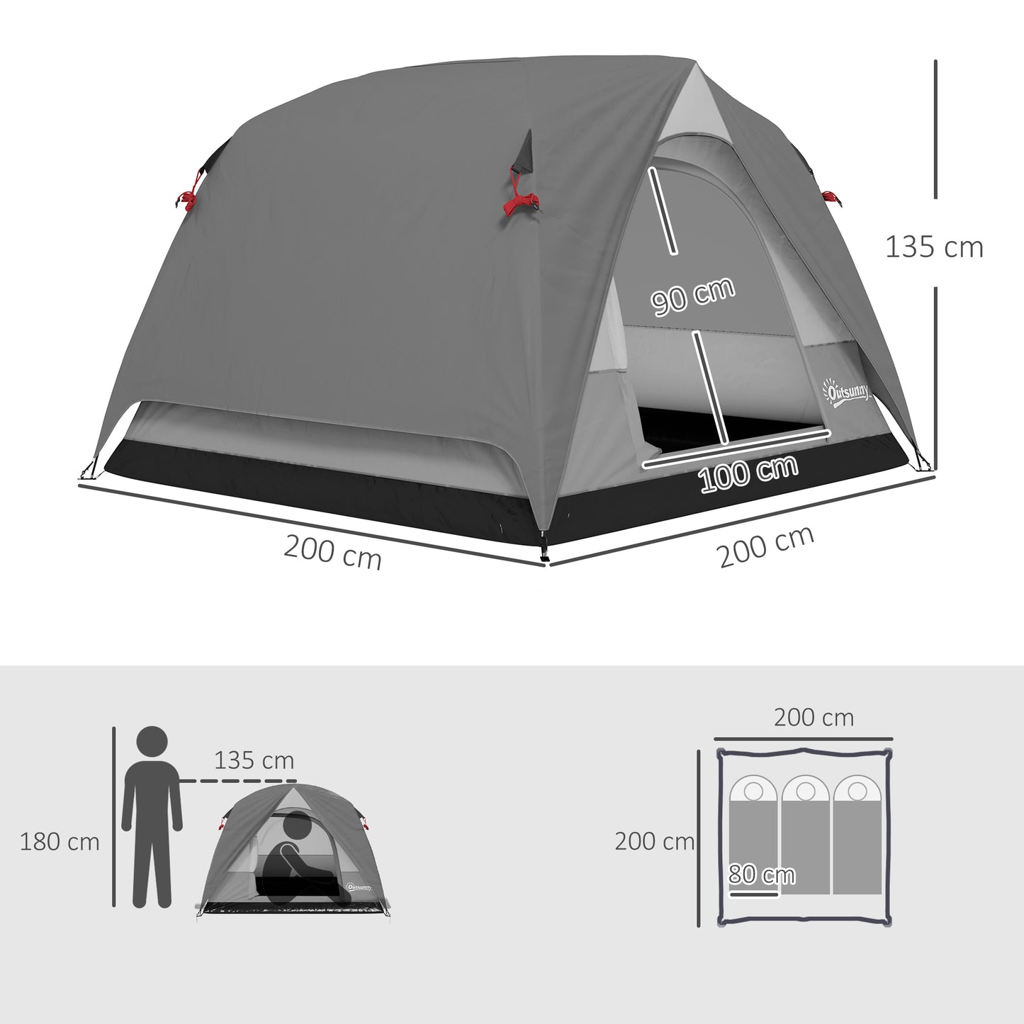 3-4 Person Camping Tent, Waterproof Tent, Dark Grey