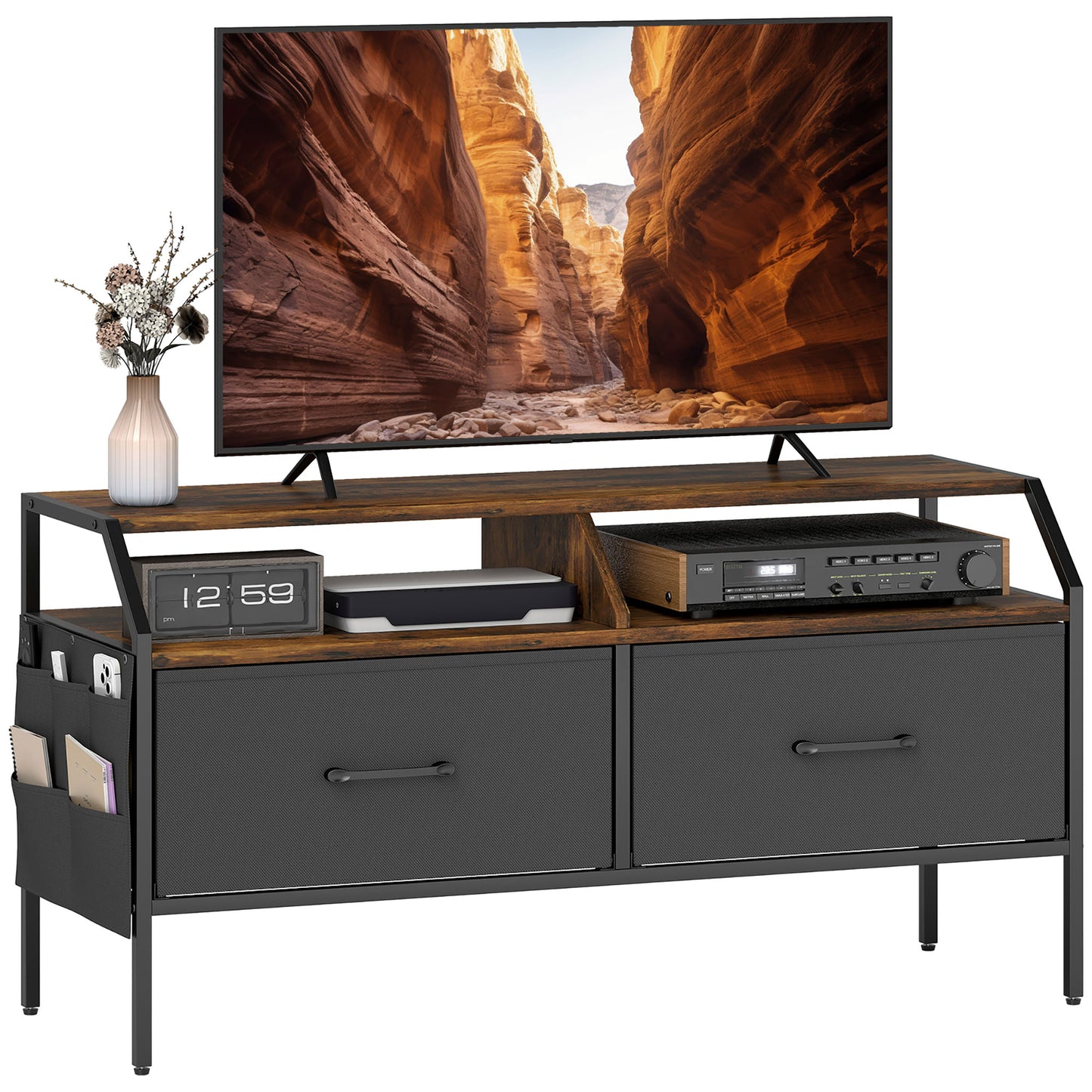 TV Stand Cabinet with 2 Foldable Drawers, Rustic Brown