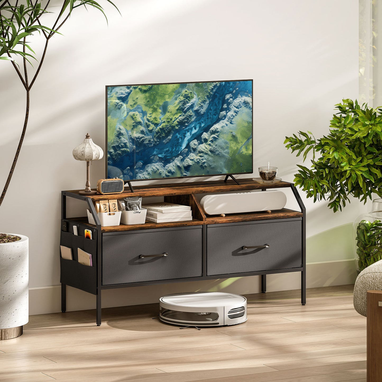 TV Stand Cabinet with 2 Foldable Drawers, Rustic Brown
