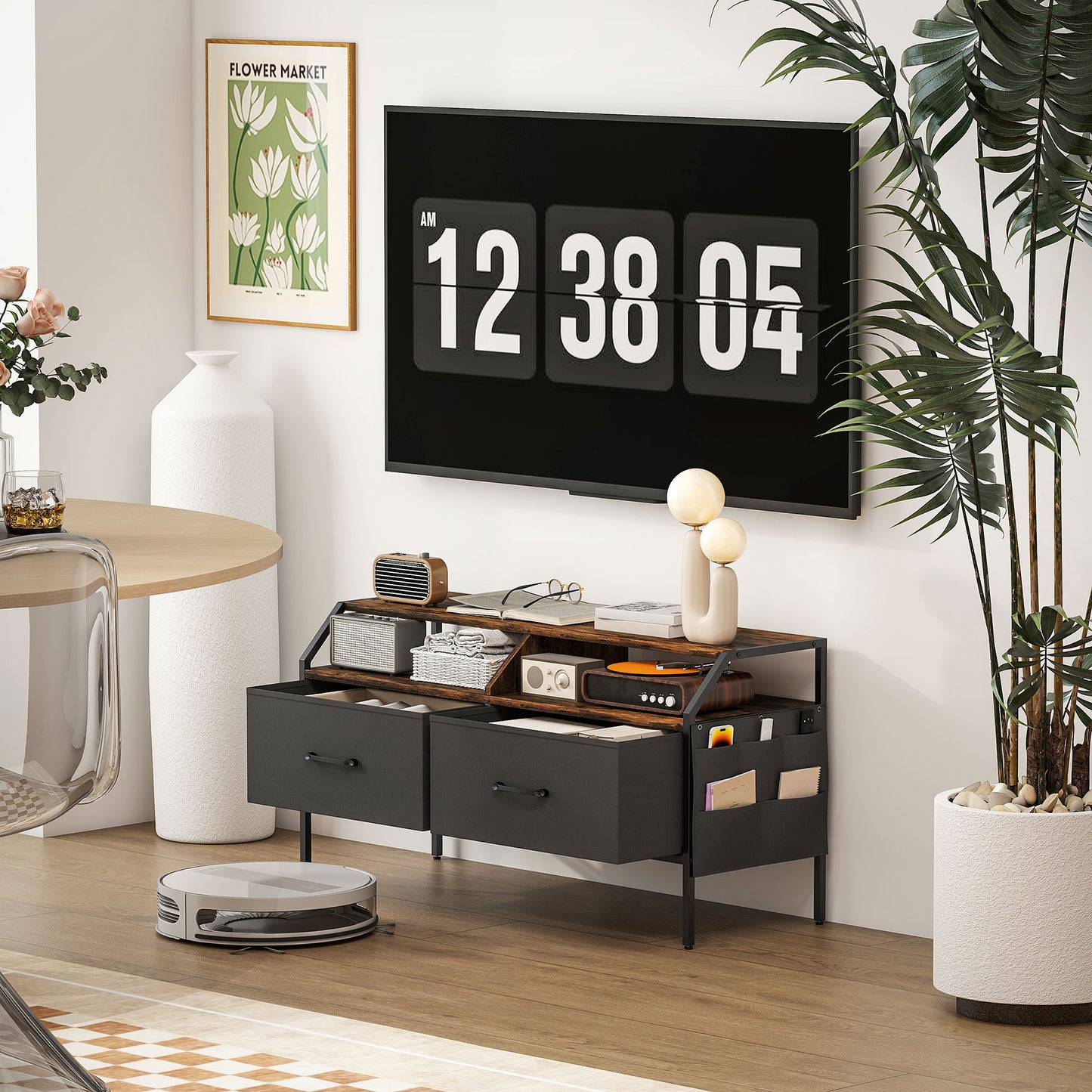 TV Stand Cabinet with 2 Foldable Drawers, Rustic Brown