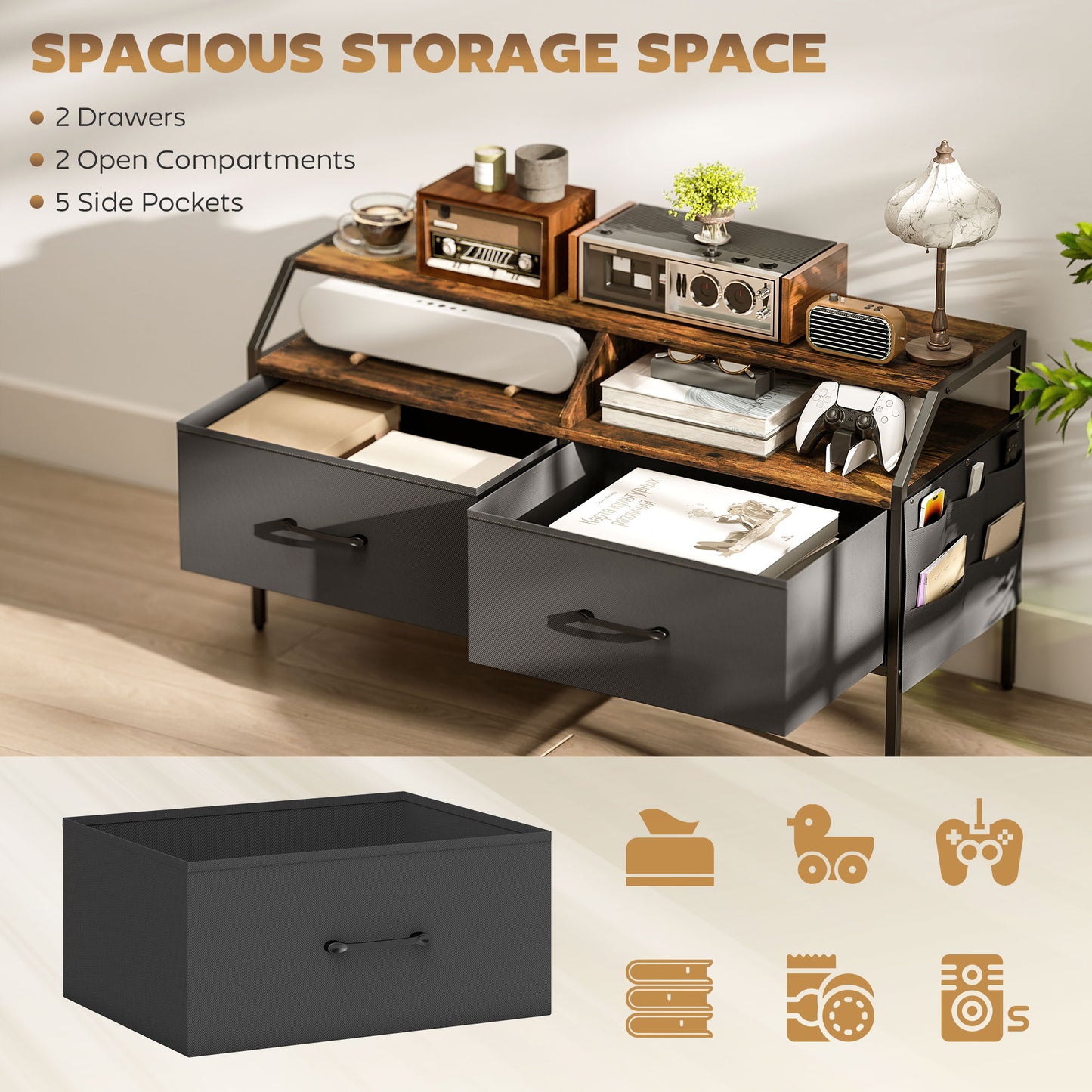 TV Stand Cabinet with 2 Foldable Drawers, Rustic Brown