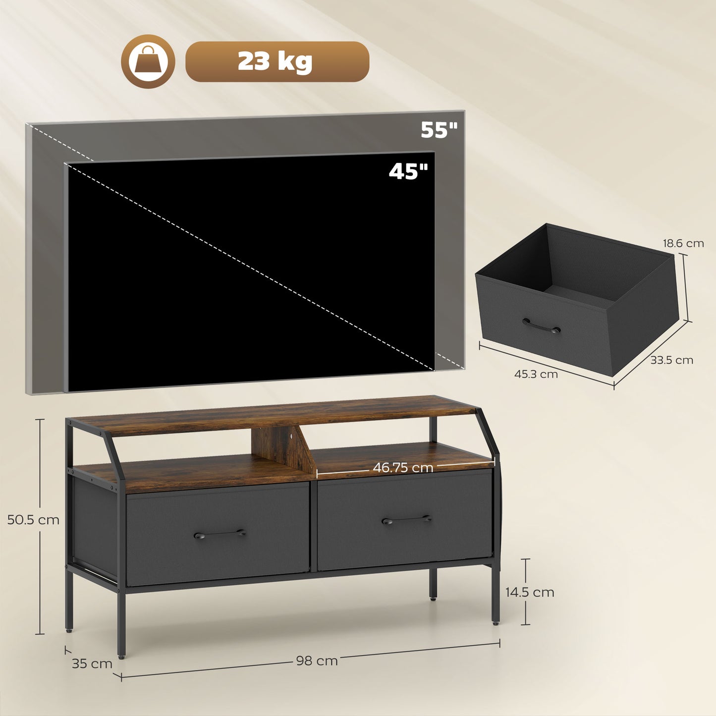 TV Stand Cabinet with 2 Foldable Drawers, Rustic Brown