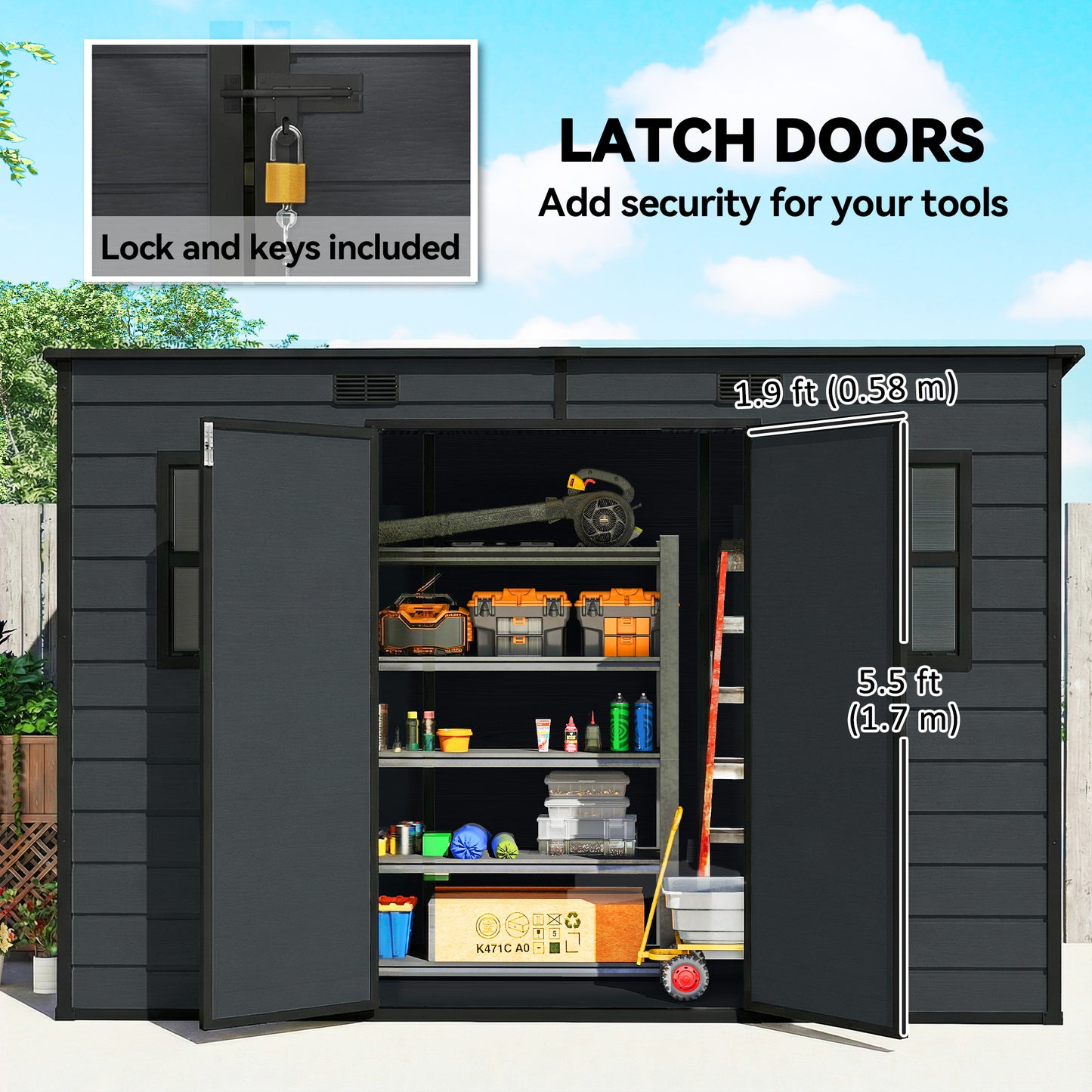 10 x 4 ft Plastic Garden Shed with Floor, Lockable Doors Dark Grey