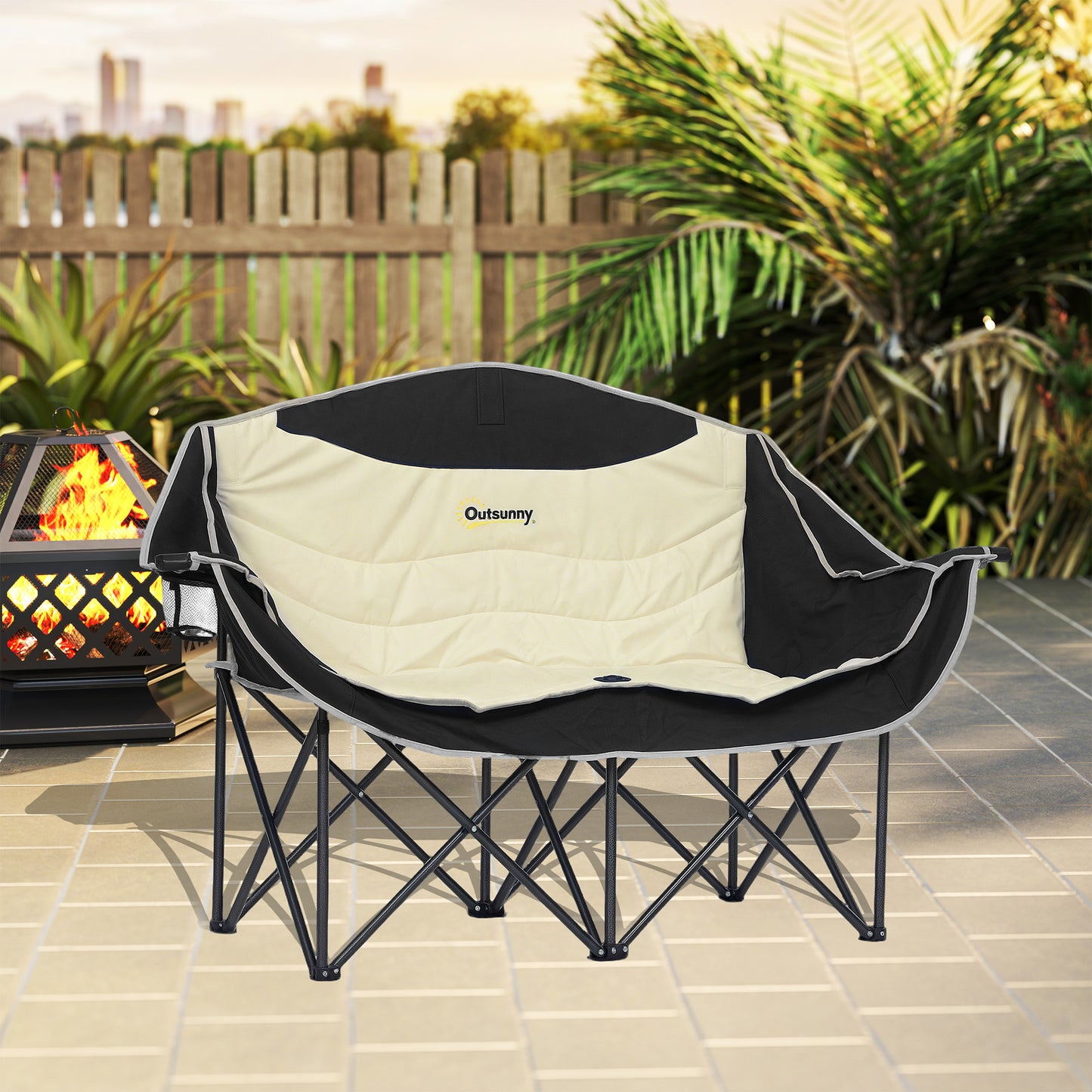Double Camping Chair for Adults with Armrests, Cup Holders, Khaki