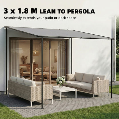 3 x 2 m Lean to Garden Pergola, Metal Frame Gazebo Pergola, Grey
