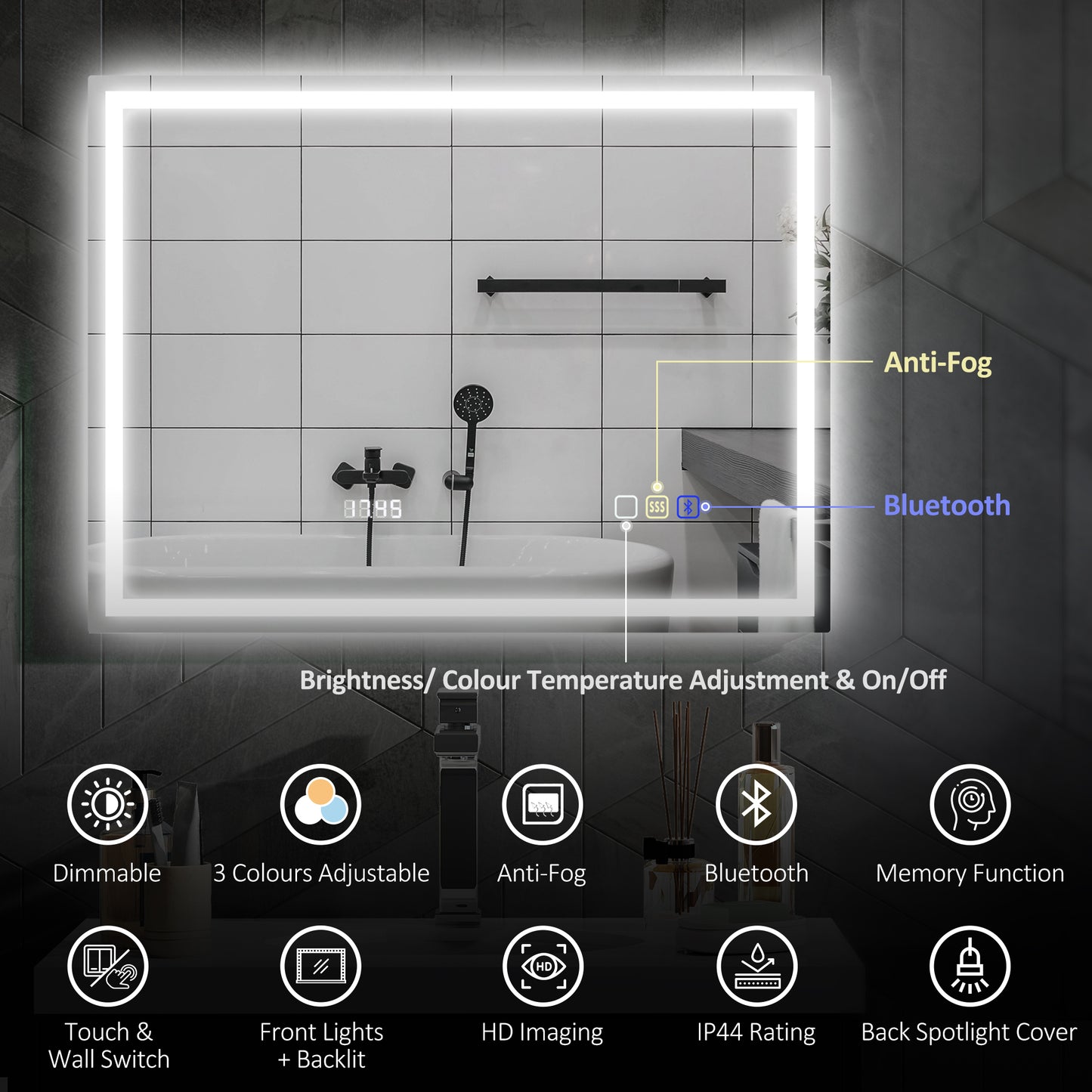 600 x 800 mm Bathroom Mirror with Bluetooth Clock Lights Demister Pad
