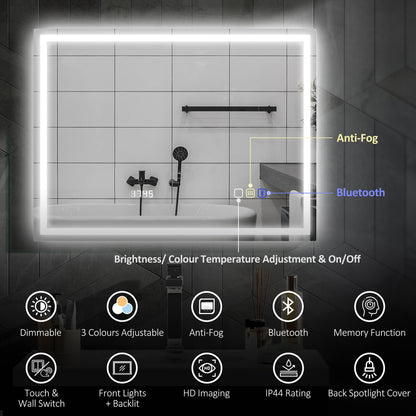 600 x 800 mm Bathroom Mirror with Bluetooth Clock Lights Demister Pad