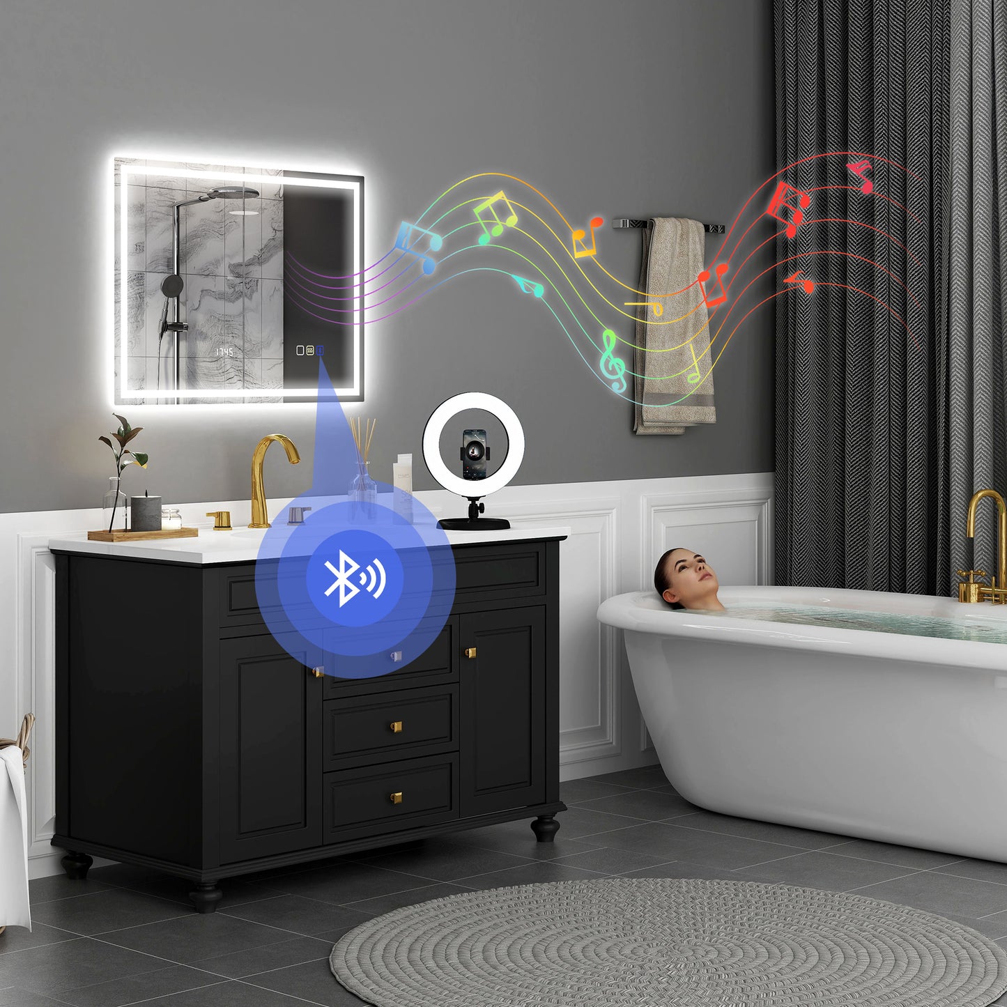 600 x 800 mm Bathroom Mirror with Bluetooth Clock Lights Demister Pad