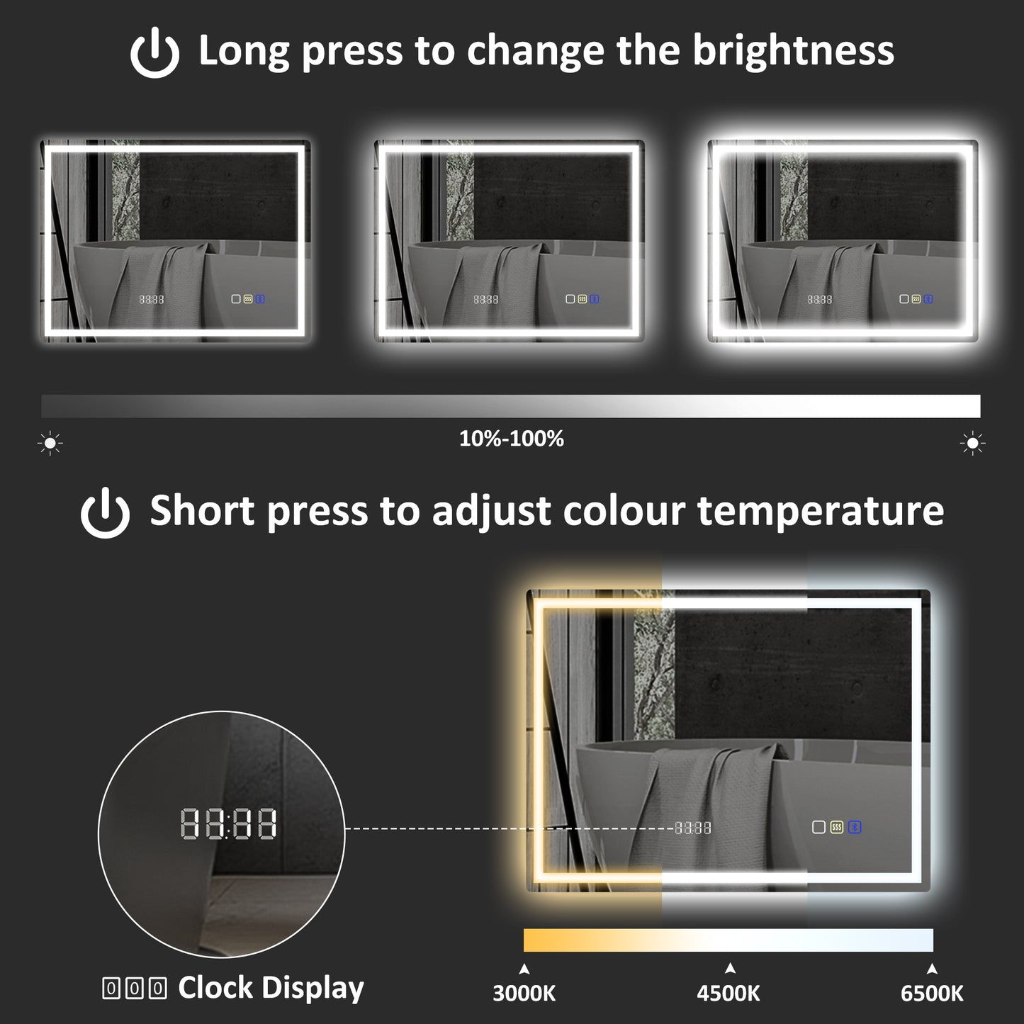 600 x 800 mm Bathroom Mirror with Bluetooth Clock Lights Demister Pad