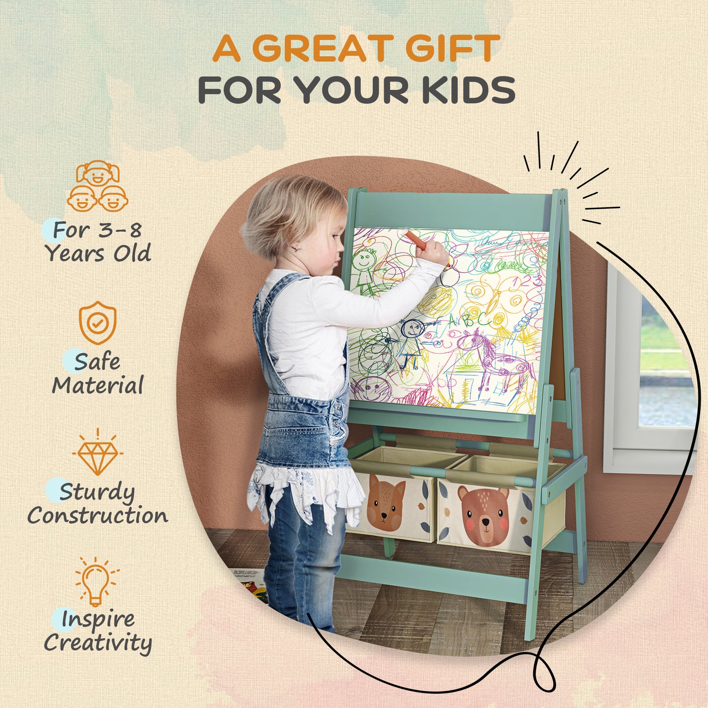 Kids Easel with Paper Roll, Blackboard, Whiteboard, Storage, Green